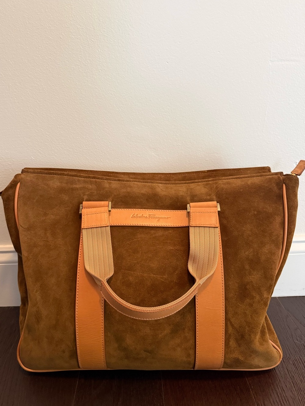 Salvatore Ferragamo Brown Suede Duffel with Tan Leather Trim